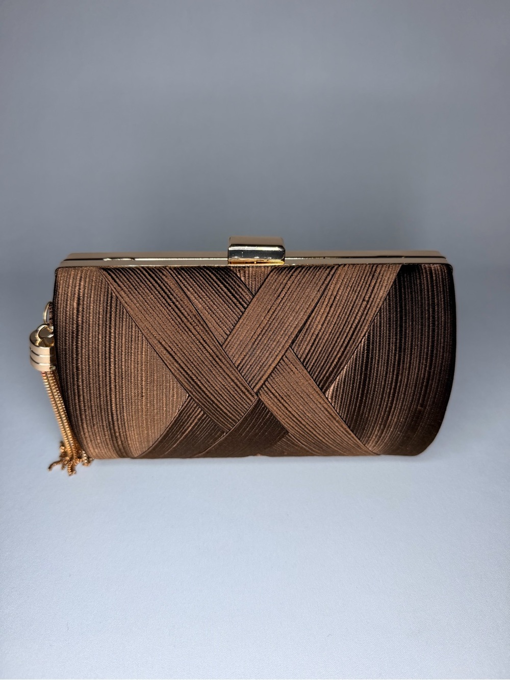 Bronze Satin Woven Clutch with Gold Accent